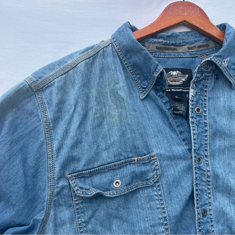 Harley‎ Davidson Denim Snap Shirt XL Embroidered Logo Biker Western Distressed - Picture 6 of 12